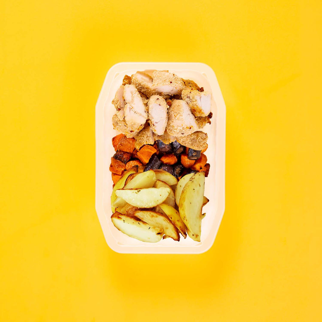 100g Quinoa Chicken Tenders 100g Tri Baked Carrots 100g Roast Chat Potato