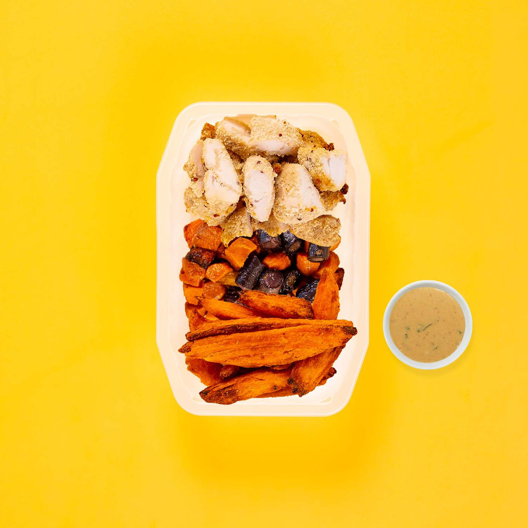 100g Quinoa Chicken Tenders 100g Tri Baked Carrots 100g Sweet Potato Wedges Satay Sauce