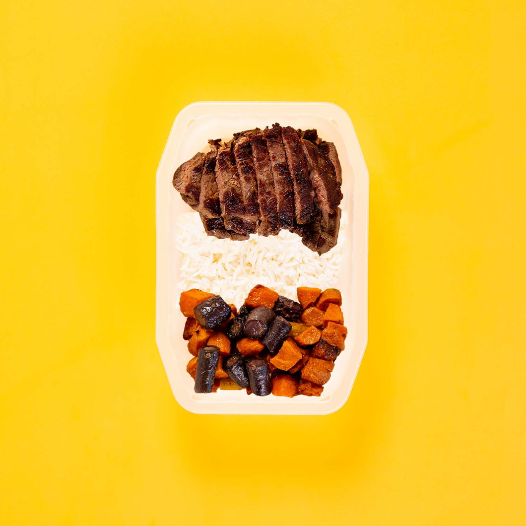 100g Rump Steak 50g Basmati Rice 50g Tri Baked Carrots