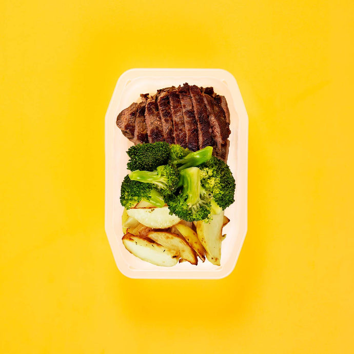 150g Rump Steak 100g Broccoli 100g Roast Chat Potato