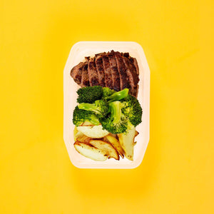 100g Rump Steak 100g Broccoli 100g Roast Chat Potato