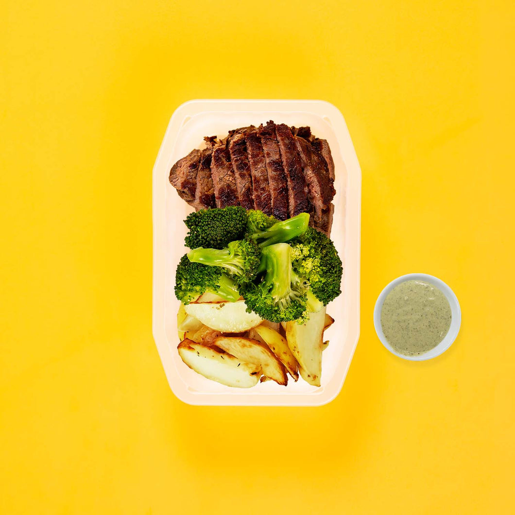 100g Rump Steak 100g Broccoli 100g Roast Chat Potato Pesto Cream