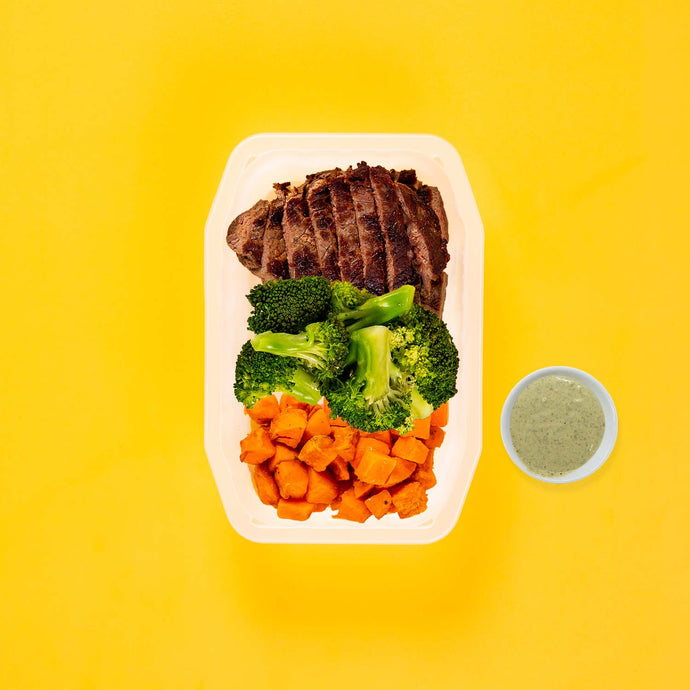 150g Rump Steak 100g Broccoli 100g Rosemary Baked Sweet Potato Pesto Cream