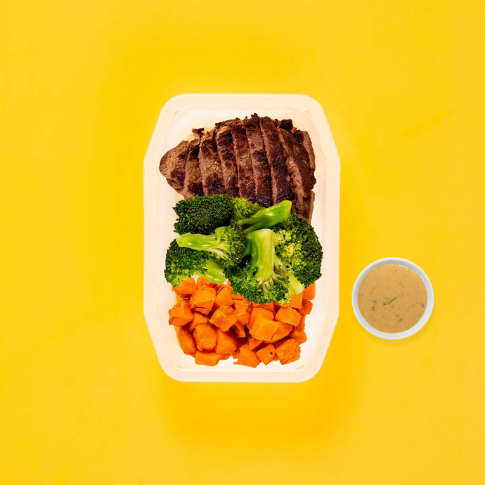 100g Rump Steak 100g Broccoli 100g Rosemary Baked Sweet Potato Satay Sauce