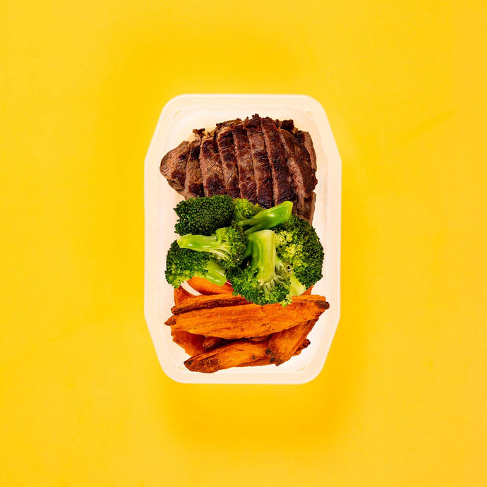 200g Rump Steak 100g Broccoli 100g Sweet Potato Wedges
