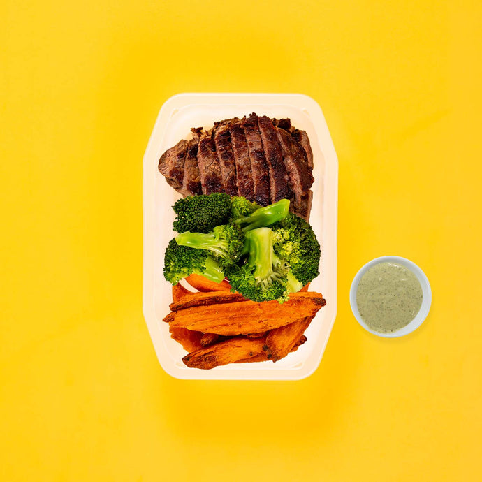 100g Rump Steak 100g Broccoli 100g Sweet Potato Wedges Pesto Cream