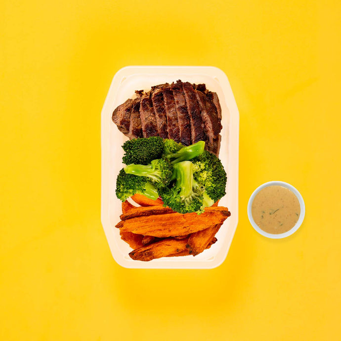 100g Rump Steak 100g Broccoli 100g Sweet Potato Wedges Satay Sauce