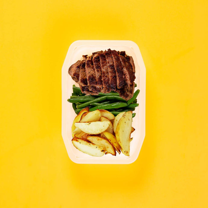 100g Rump Steak 100g Green Beans 100g Roast Chat Potato