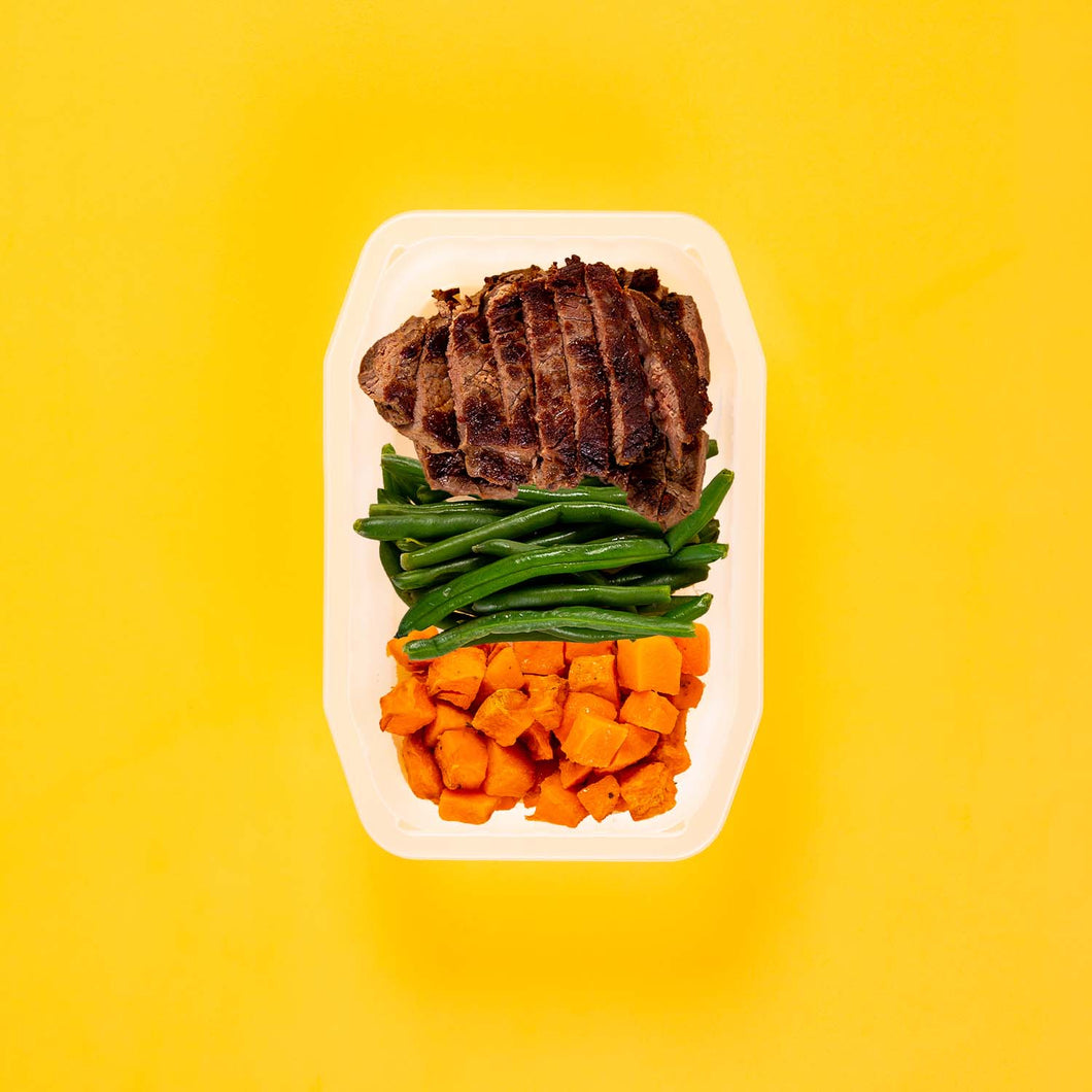100g Rump Steak 100g Green Beans 100g Rosemary Baked Sweet Potato