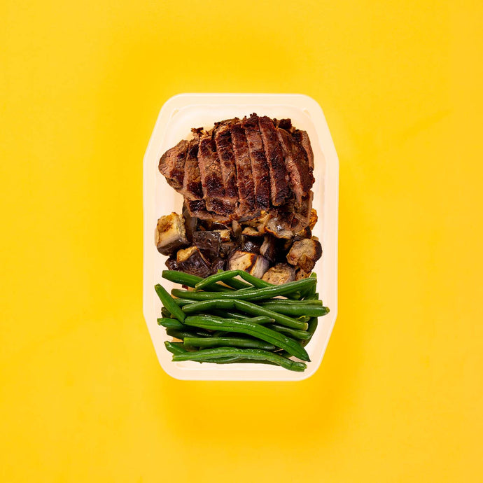 100g Rump Steak 100g Miso Eggplant 100g Green Beans
