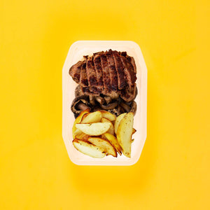 100g Rump Steak 100g Mushrooms 100g Roast Chat Potato