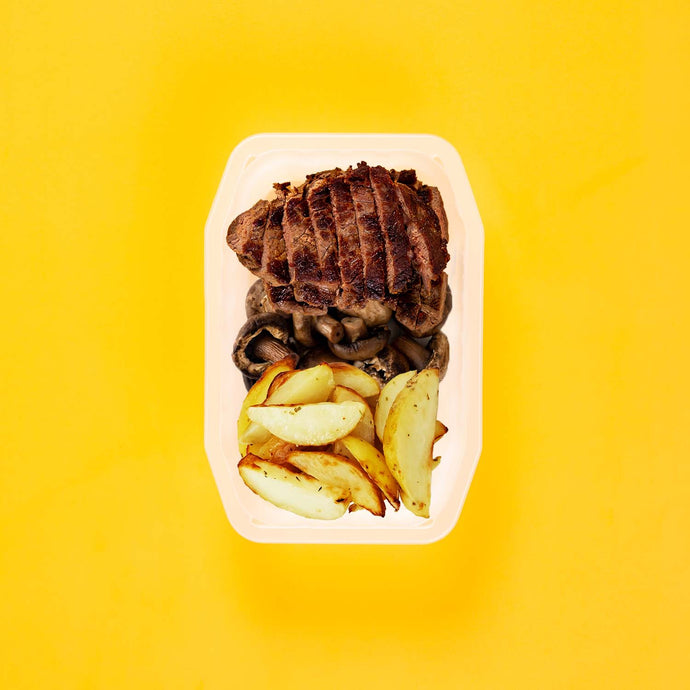 100g Rump Steak 100g Mushrooms 100g Roast Chat Potato
