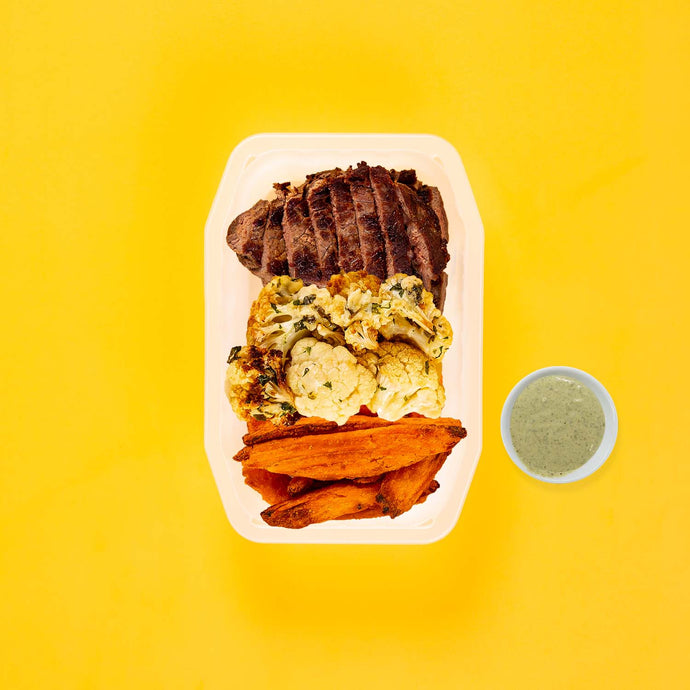 100g Rump Steak 100g Parmesan Cauliflower 50g Sweet Potato Wedges Pesto Cream