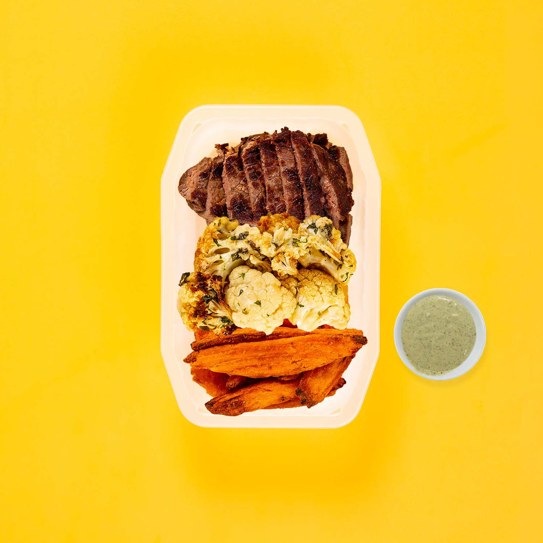 100g Rump Steak 100g Parmesan Cauliflower 50g Sweet Potato Wedges Pesto Cream