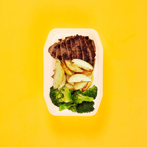 150g Rump Steak 100g Roast Chat Potato 50g Broccoli