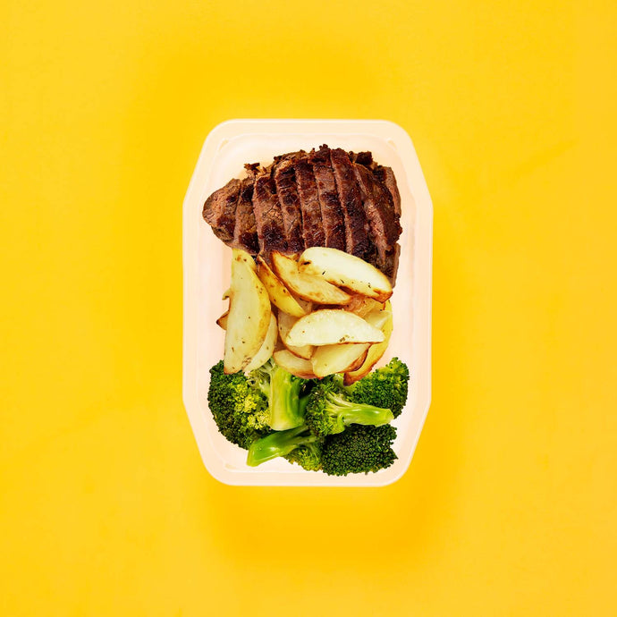 150g Rump Steak 100g Roast Chat Potato 50g Broccoli