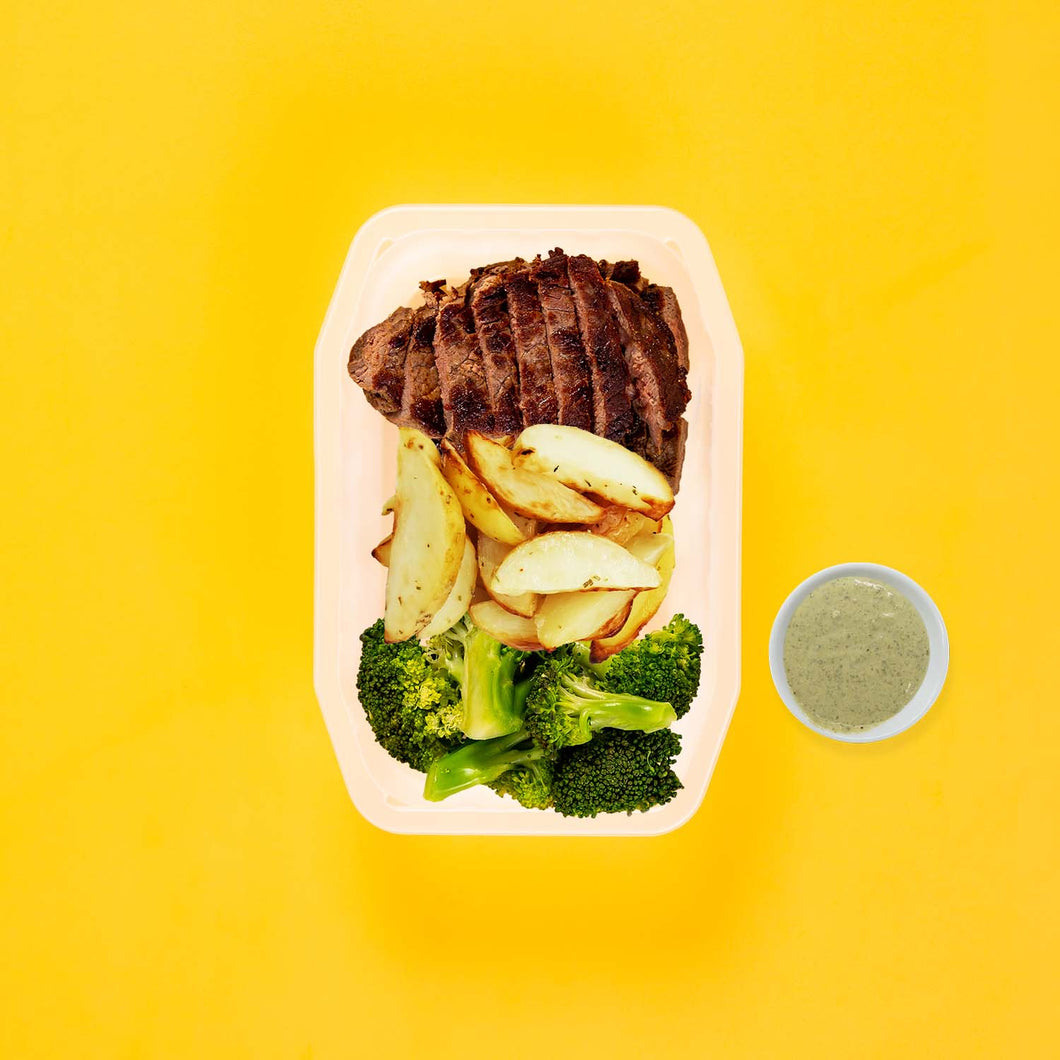 100g Rump Steak 100g Roast Chat Potato 100g Broccoli Pesto Cream