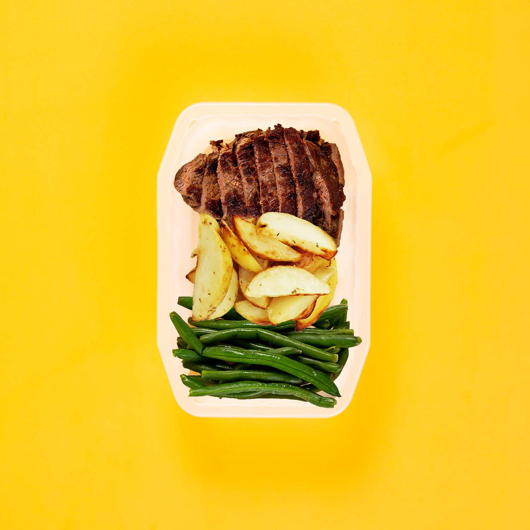 100g Rump Steak 100g Roast Chat Potato 100g Green Beans