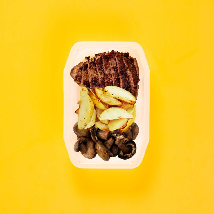 100g Rump Steak 100g Roast Chat Potato 100g Mushrooms