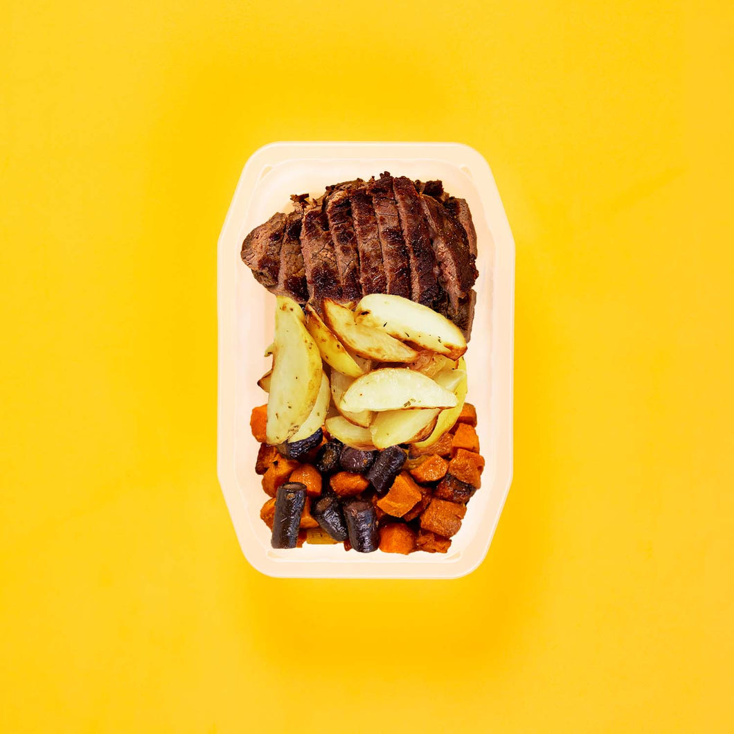 100g Rump Steak 100g Roast Chat Potato 100g Tri Baked Carrots