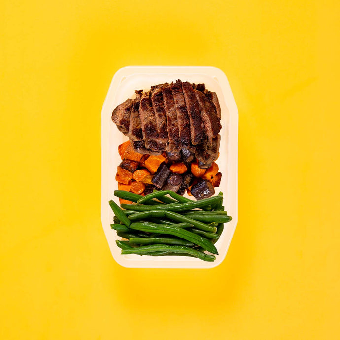 100g Rump Steak 100g Tri Baked Carrots 100g Green Beans