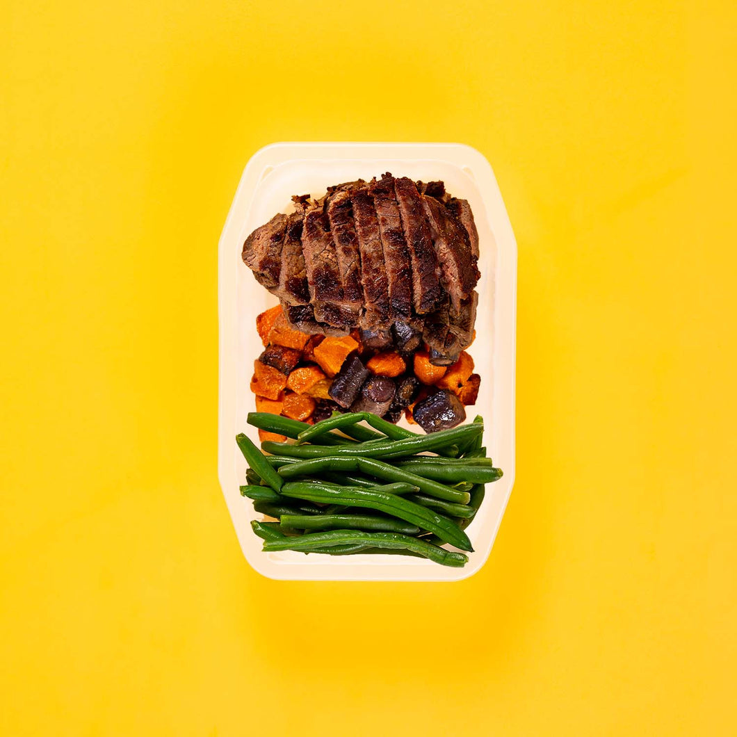100g Rump Steak 100g Tri Baked Carrots 100g Green Beans